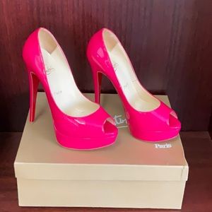 Christian Louboutin Lady Peep 150 hot pink patent leather platform stilettos
